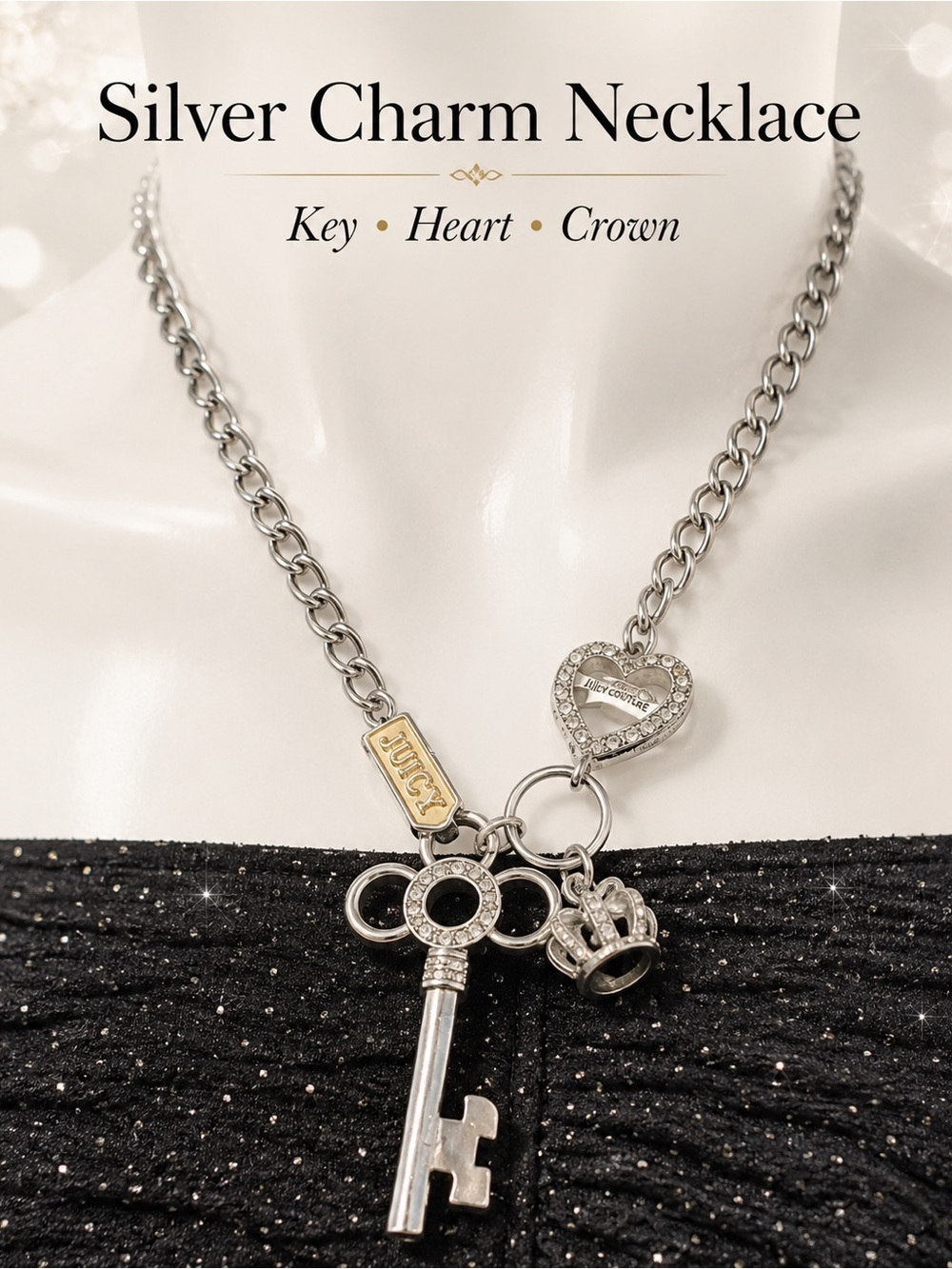 Silver Charm Necklace Key Heart Crown Crystal